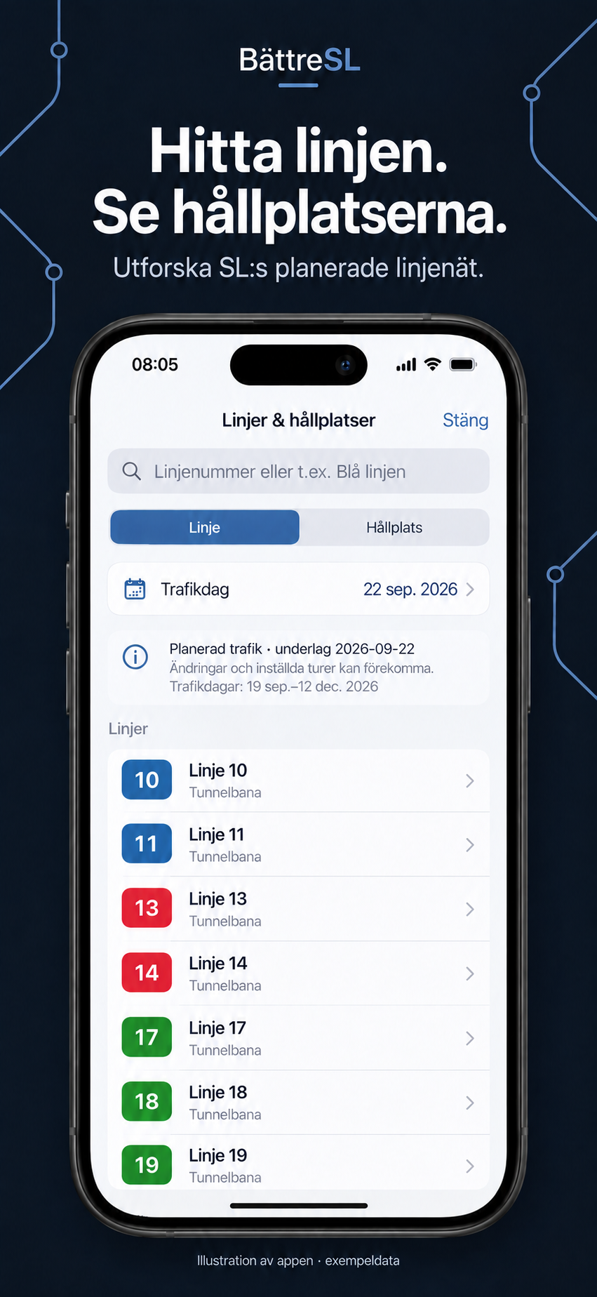 BättreSL app illustration showing SL lines and stops with planned traffic information