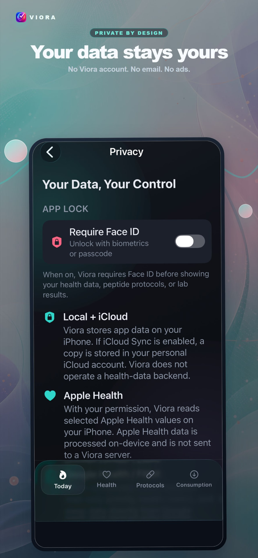 Viora Privacy settings showing Face ID app lock, local plus iCloud storage and Apple Health handling