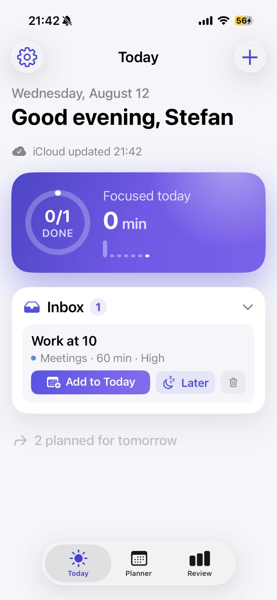 Håg Today screen greeting the user with today's tasks, focused time and progress