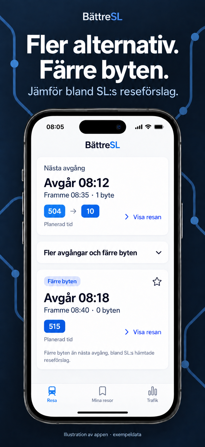 BättreSL app illustration comparing a next departure with an alternative requiring fewer transfers