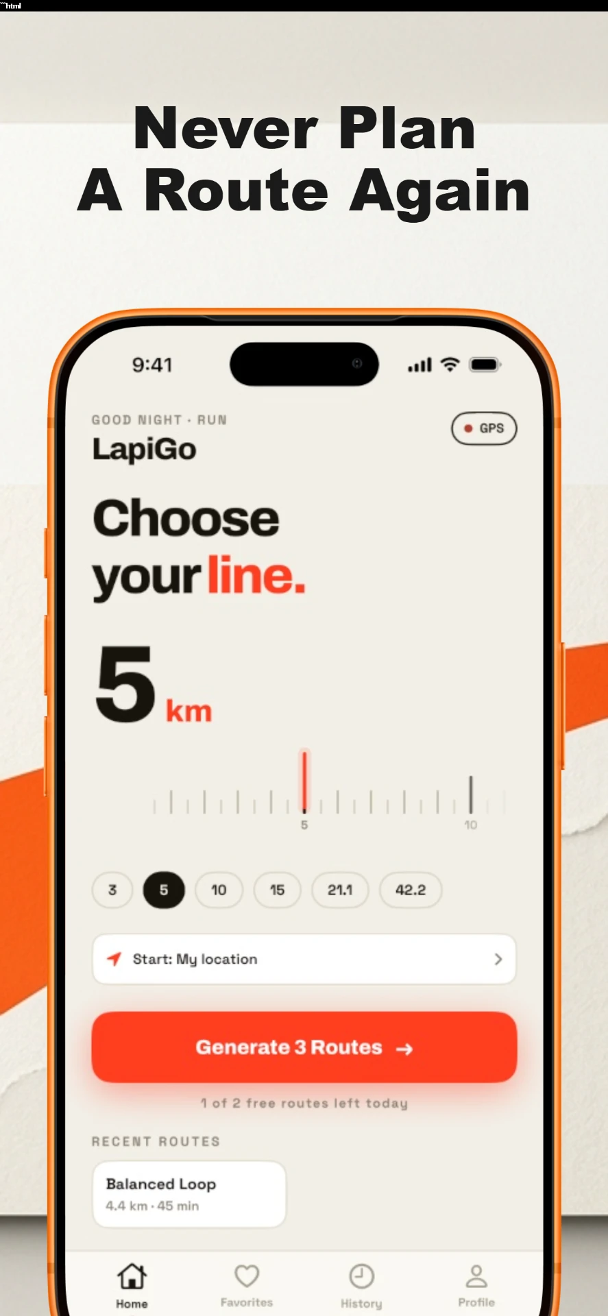 LapiGo home screen where you pick a distance and generate three running loops