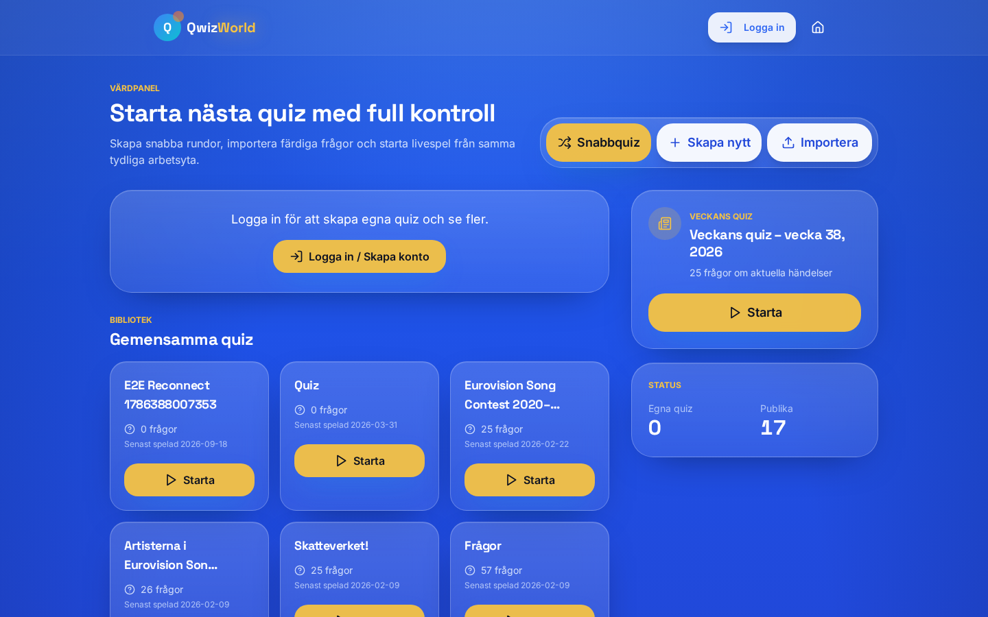 QwizWorld host dashboard with quick quiz tools, shared quizzes and game controls