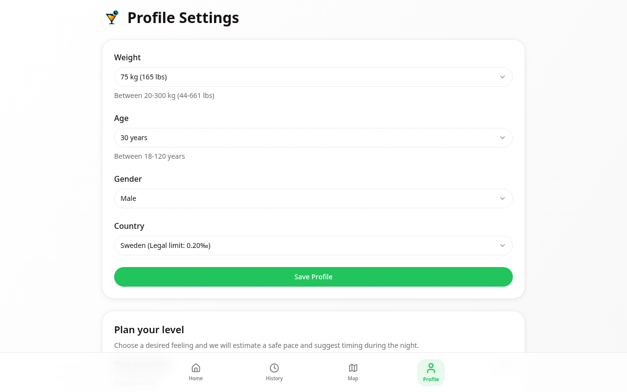 SobrTime profile settings for personal details, country limits, planning and reminders