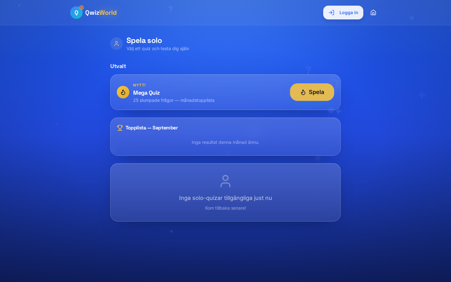 QwizWorld solo mode with a featured quiz and monthly leaderboard