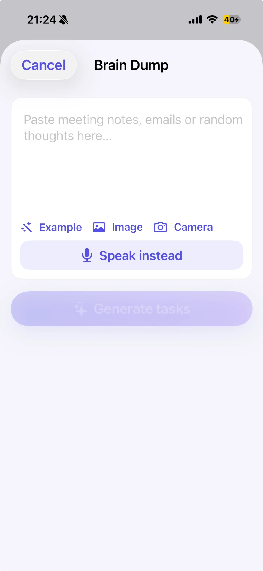 Håg Brain Dump screen for capturing a thought by typing, dictating or adding an image
