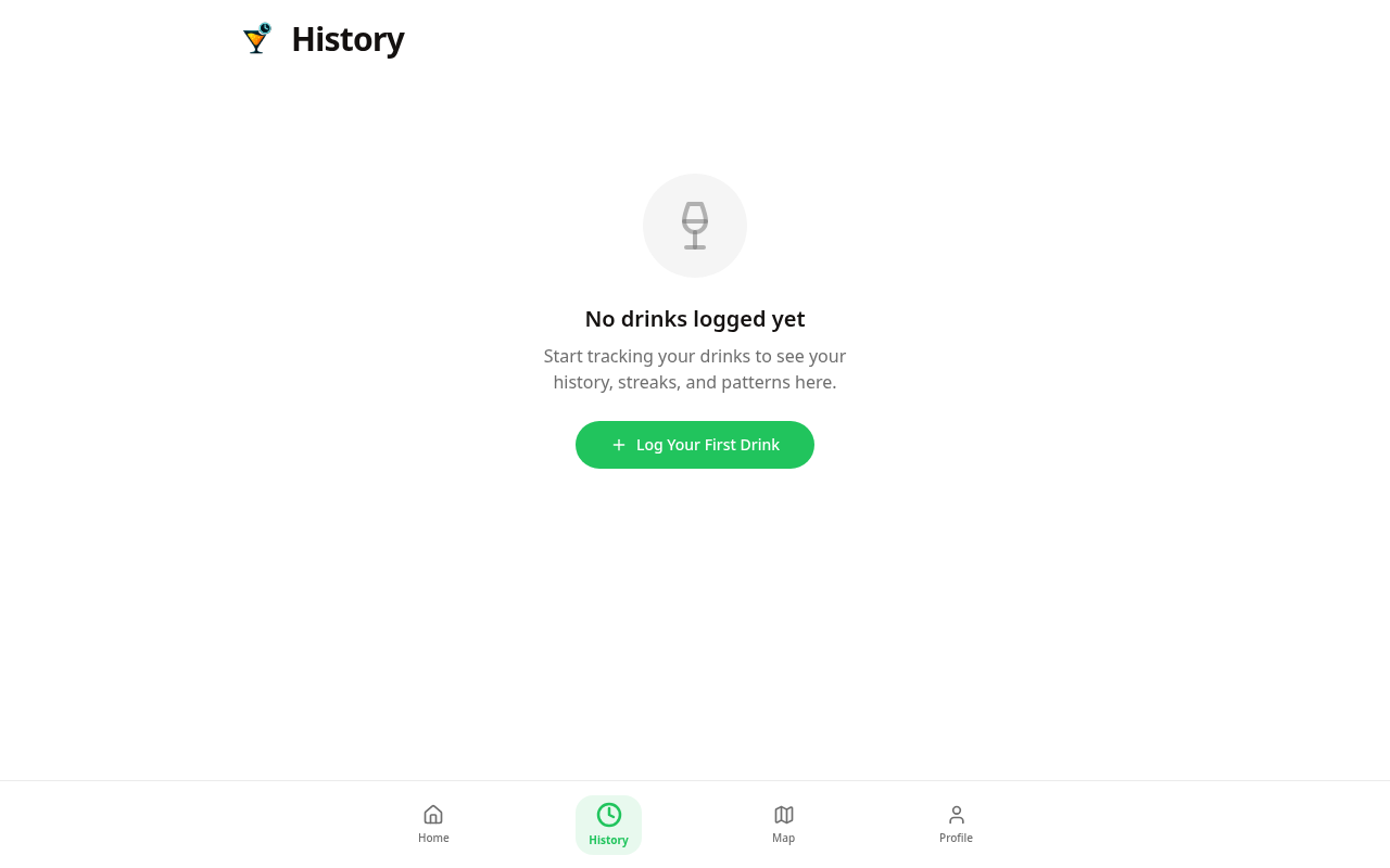 SobrTime drink history screen for reviewing logged drinks, streaks and patterns