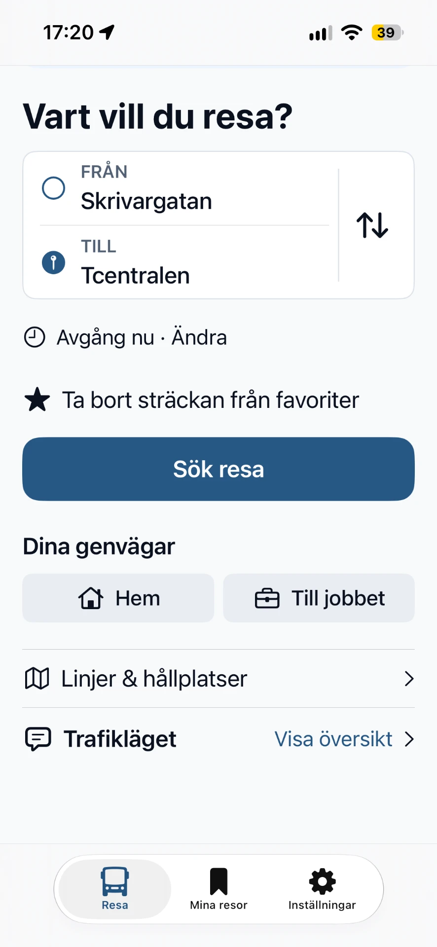 BetterSL journey search screen with from and to stops, a departure-time option and the search button