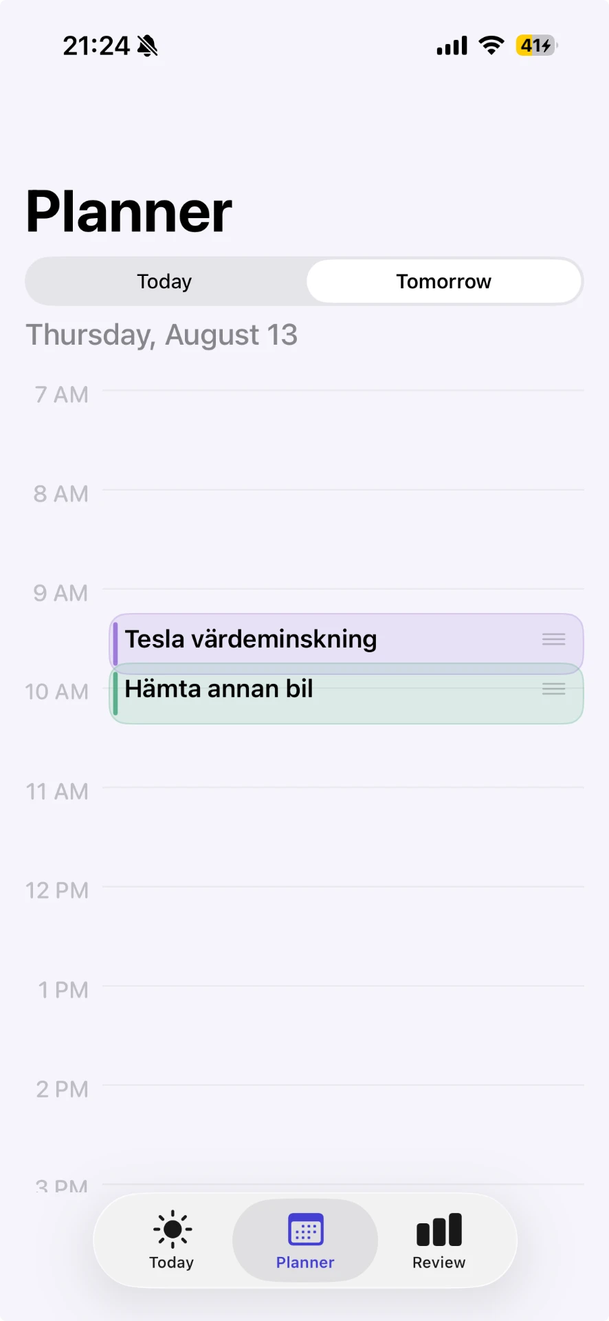 Håg planner showing a calendar timeline with planned tasks around existing events