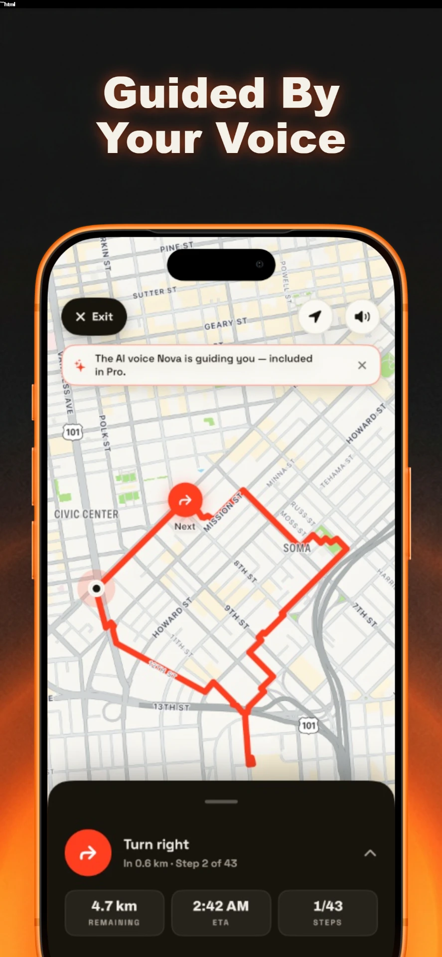 LapiGo voice-guided navigation with the route on a map and the next turn
