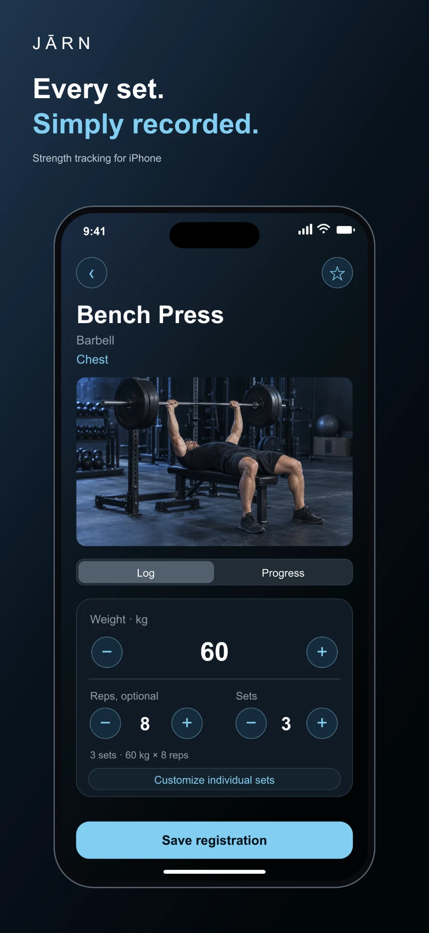 JĀRN Bench Press logging presentation with weight, reps and sets