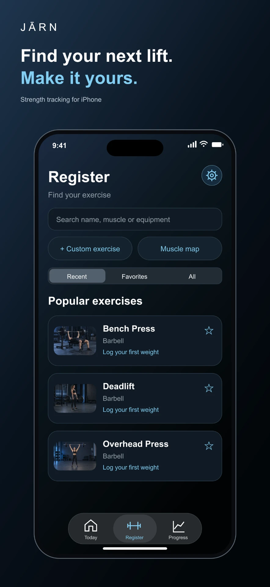JĀRN Register presentation with search, muscle map and popular exercises